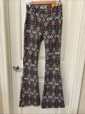 NWT Rock&Roll Denim Flare Geometric Print Pants - Teal‎ & Brown